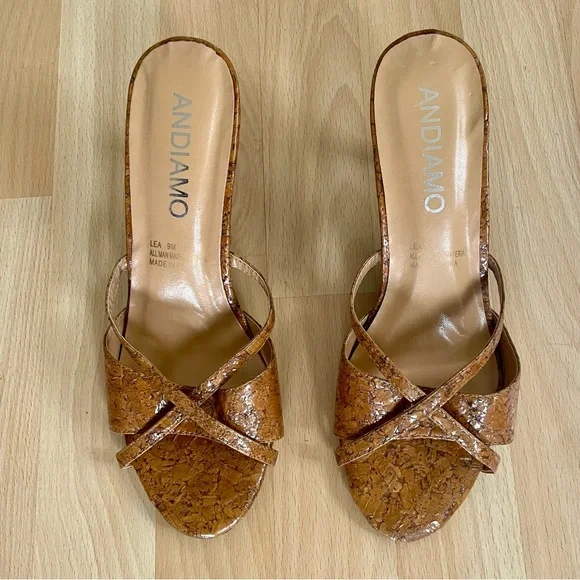 Andiamo Women's Patent Cork Slip On Strappy Heels Wrap Sandals Open Back, Brown - Picture 4 of 9